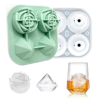 MHC Custom Shape 3D Flower Ice Cube Tray với nắp không tràn 4 Rosette và Diamond Ice Cream Tools